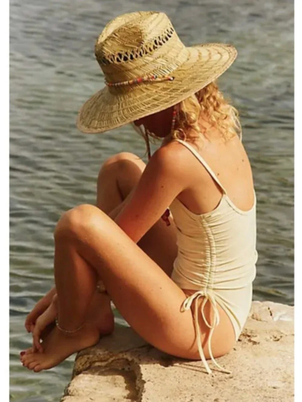 Beige Drawstring Side One-Piece‎ Swimsuit